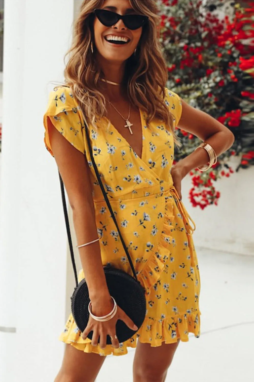 Ruffle Trim Floral Print Wrap Dress