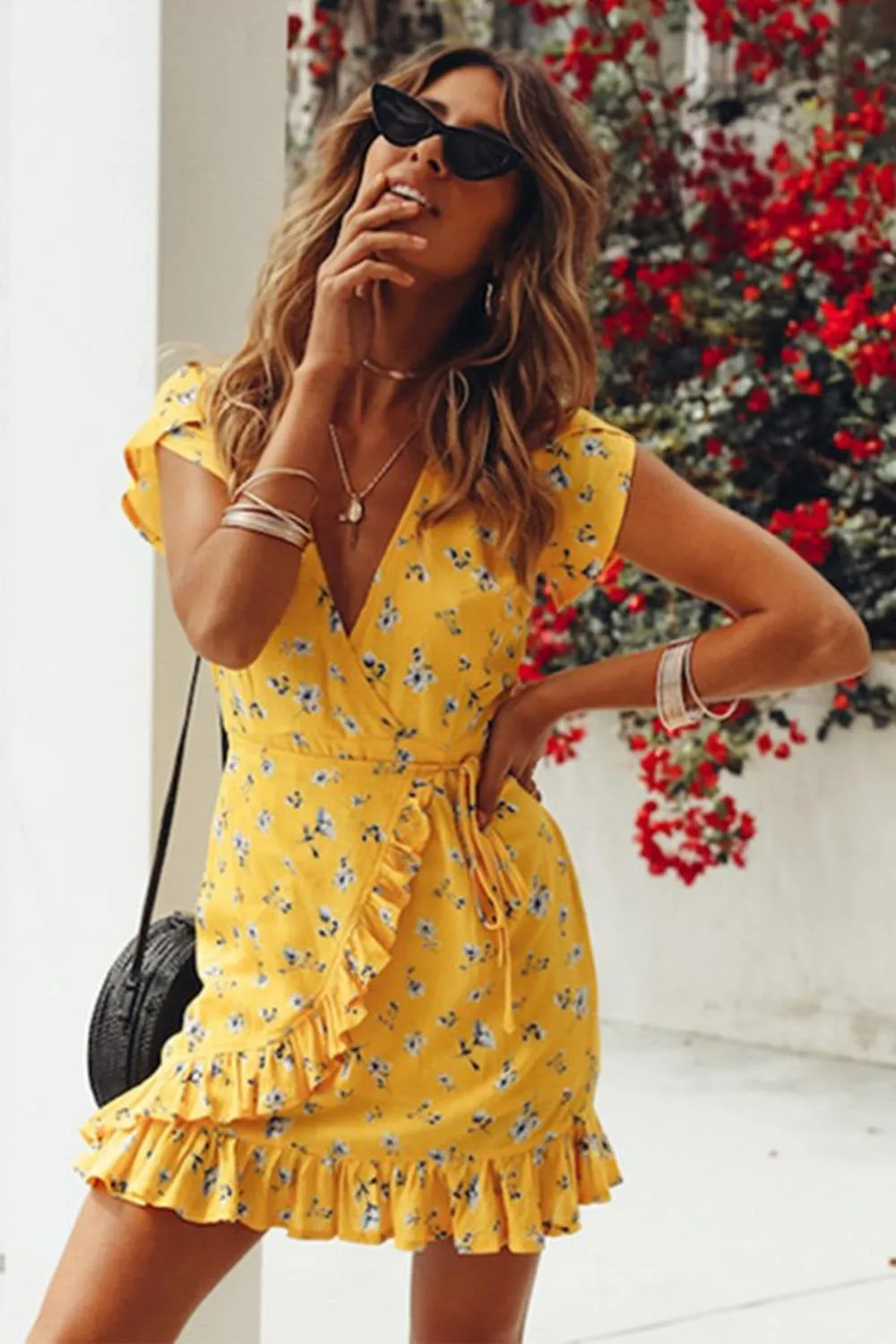 Ruffle Trim Floral Print Wrap Dress