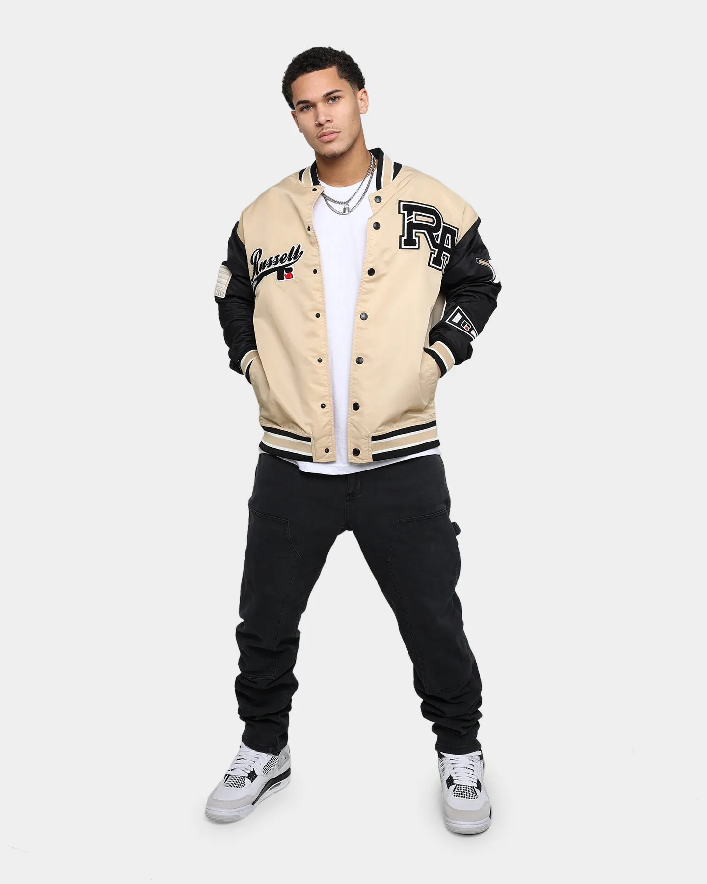 Russell Athletic Satin Varsity Badge Jacket Stone