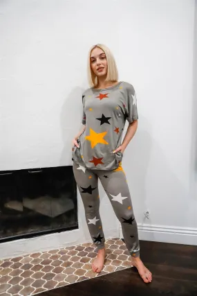 Sage Multi Color Star Print Short Sleeve Top & Sweatpants Set