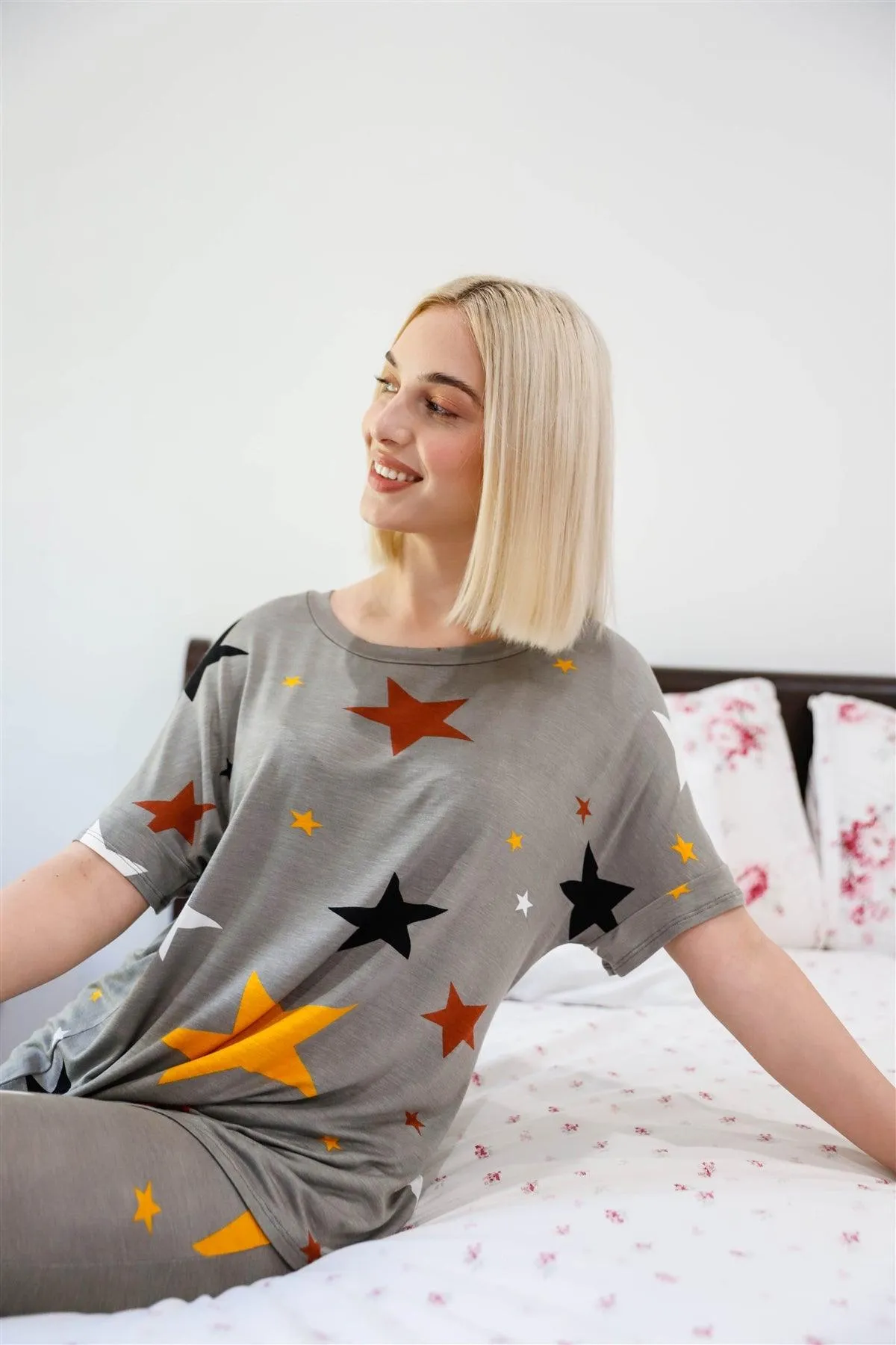 Sage Multi Color Star Print Short Sleeve Top & Sweatpants Set