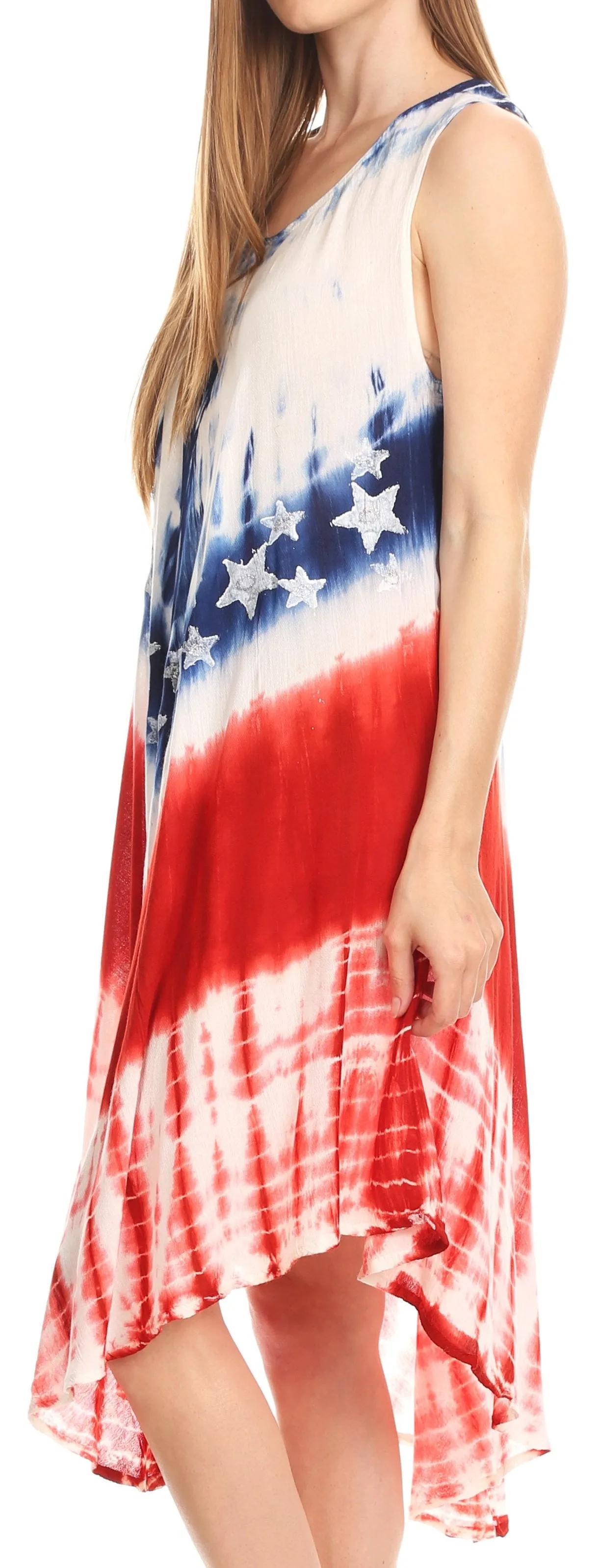 Sakkas Irina Stars and Stripes Patriotic Tie-Dye Summer Tank Dress  Casual Simple