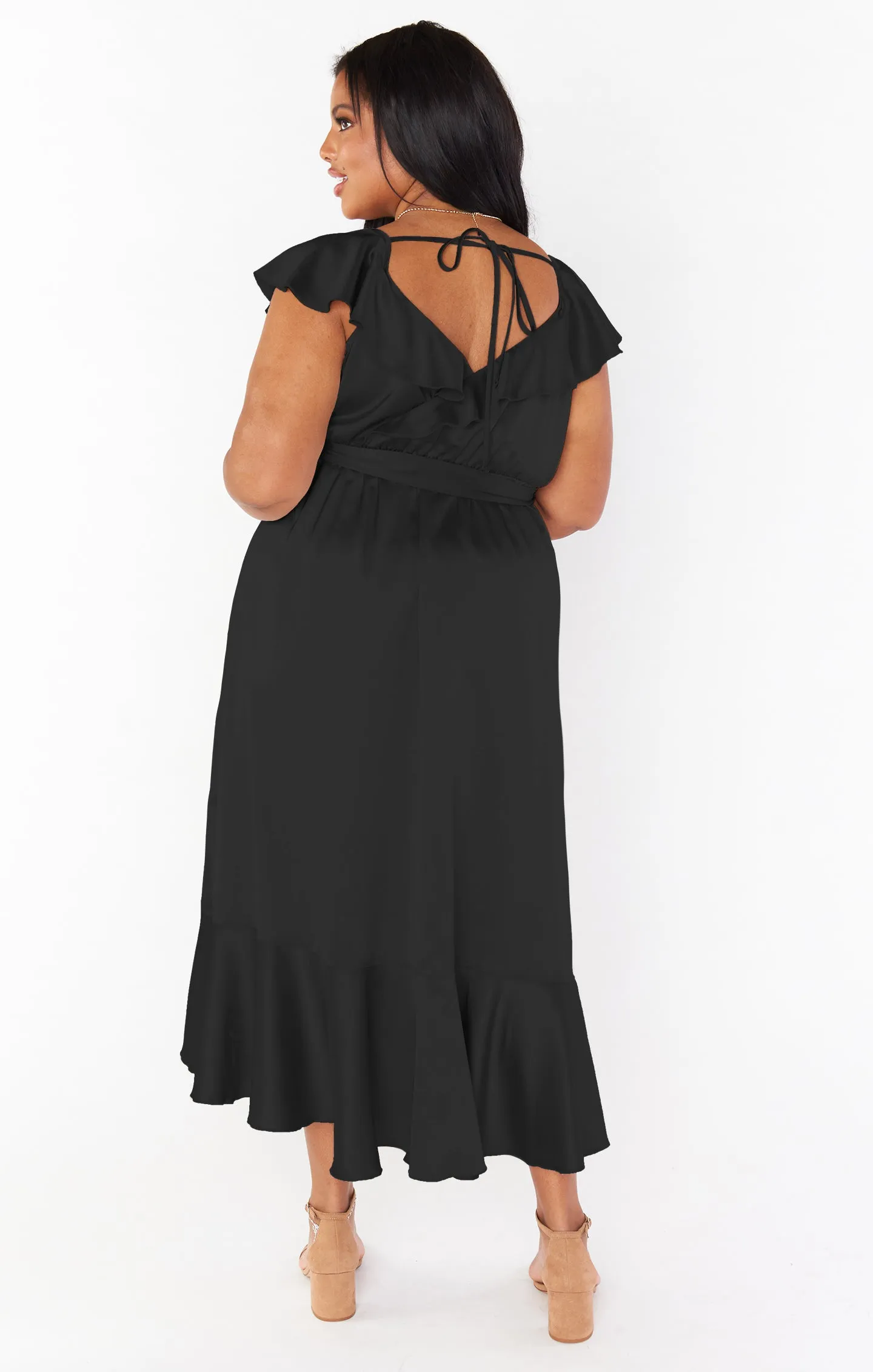 Samantha Ruffle Wrap Dress ~ Black Luxe Satin