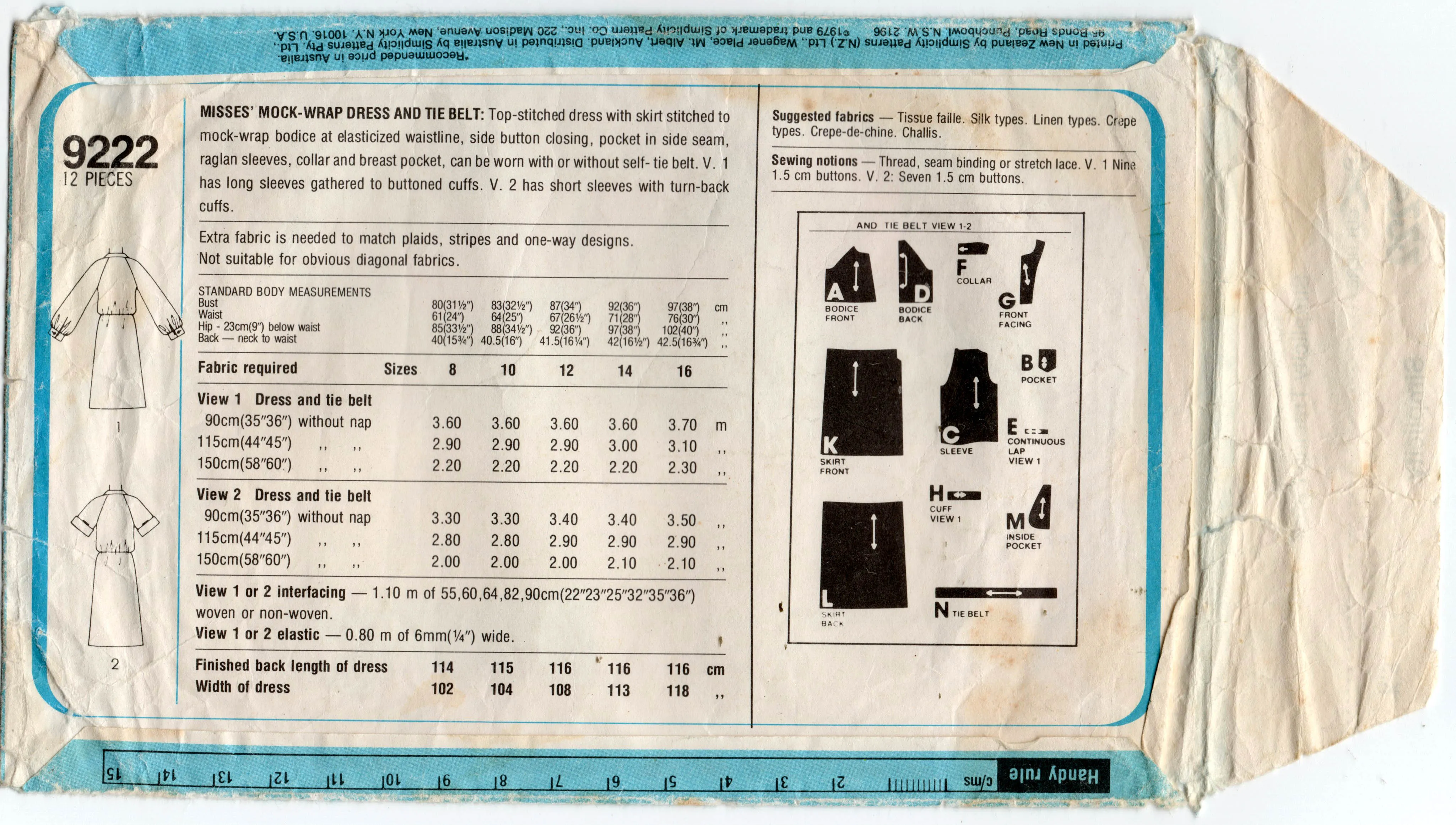 Simplicity 9222 Womens Mock Wrap Dress with Side Buttoned Skirt 1970s Vintage Sewing Pattern Size 12 Bust 34 inches