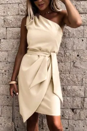 Sleek Asymmetrical One-Shoulder Beige Mini Dress – Crafted in Italy