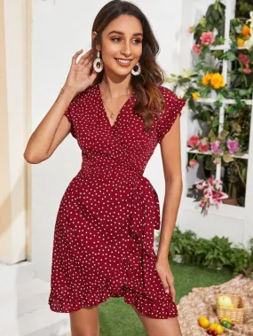 Surplice Front Wrap Hem Polka Dot Dress