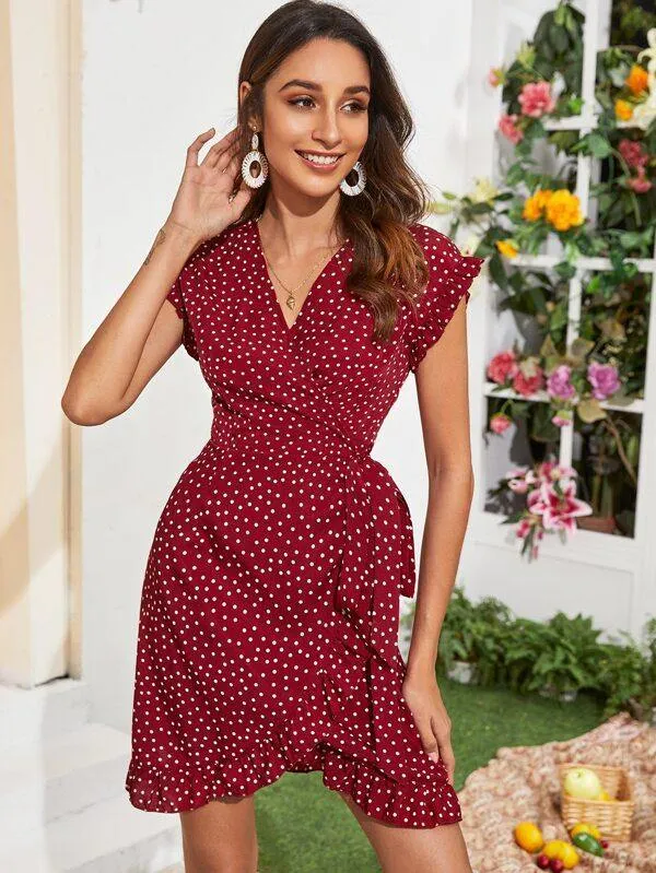 Surplice Front Wrap Hem Polka Dot Dress