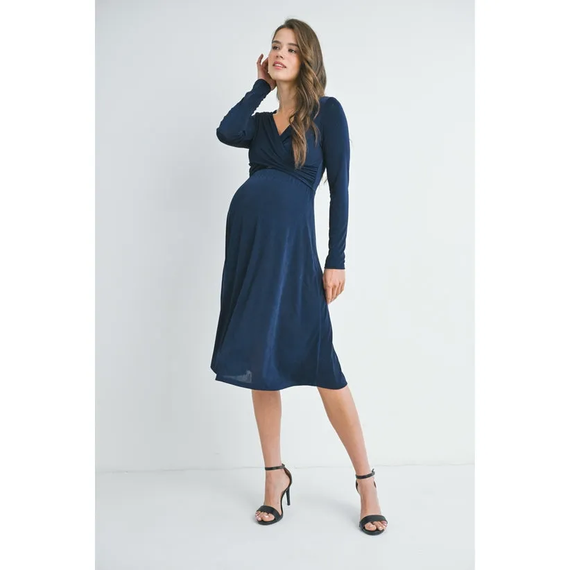 Surplice Wrap Long Sleeve Maternity Nursing Dress - Navy