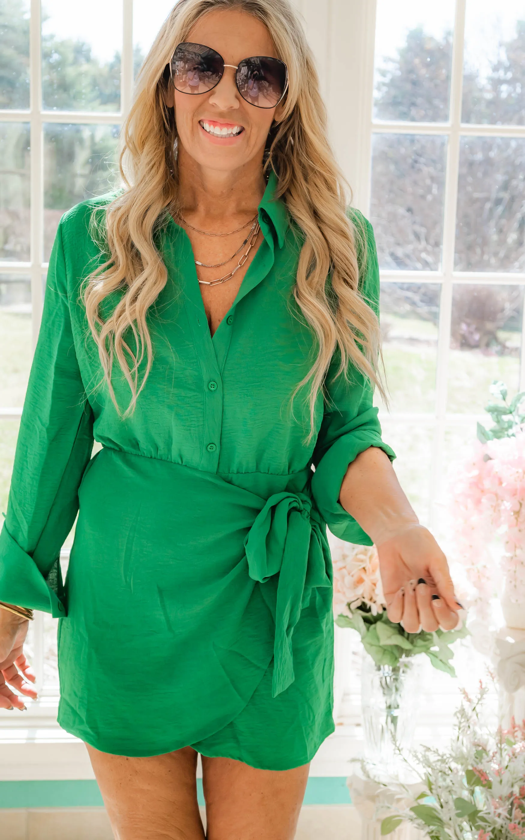 Tie Waist Wrap Mini Dress - Green