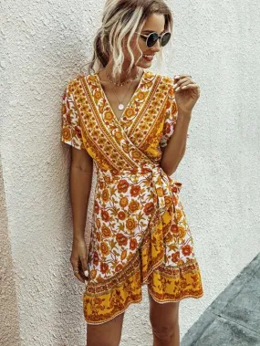 Tribal Floral Print Belted Wrap Dress