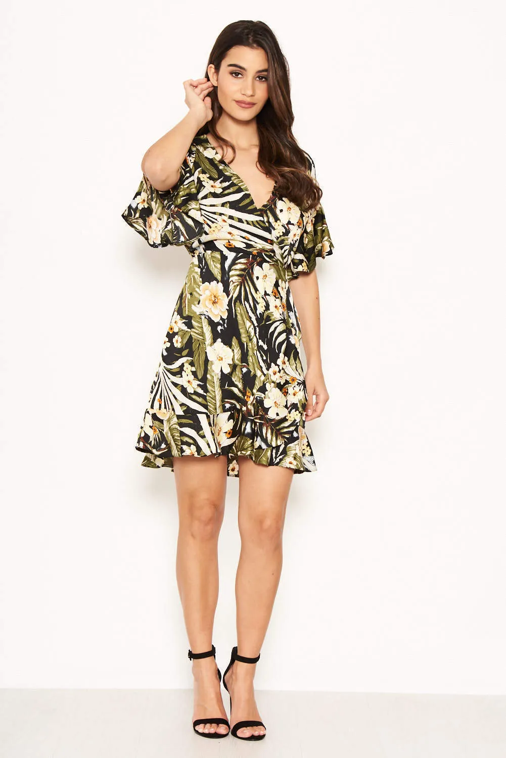 Tropical Frill Detailed Wrap Dress