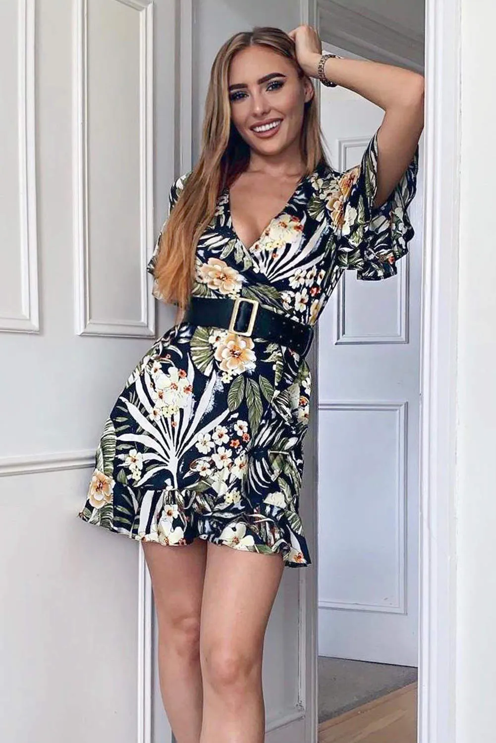 Tropical Frill Detailed Wrap Dress