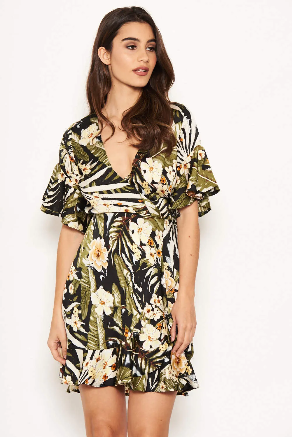 Tropical Frill Detailed Wrap Dress