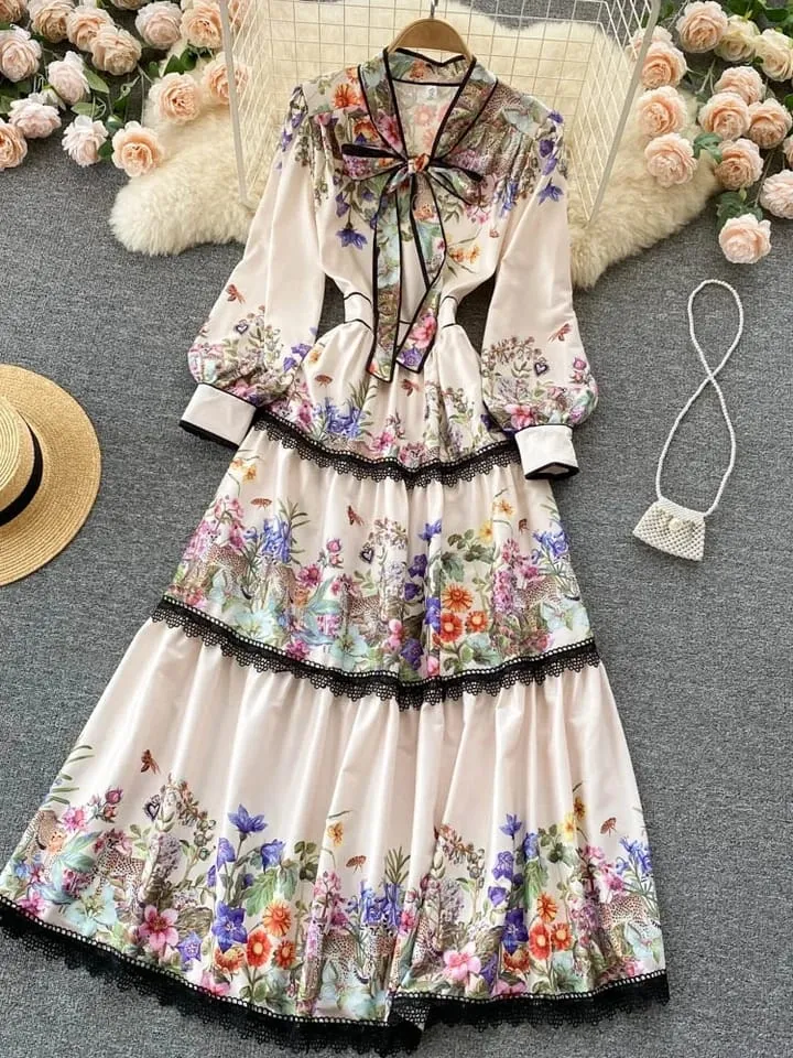 Vintage Elegant Long Dress Women Slim Floral Printed Party Dress S S4918247