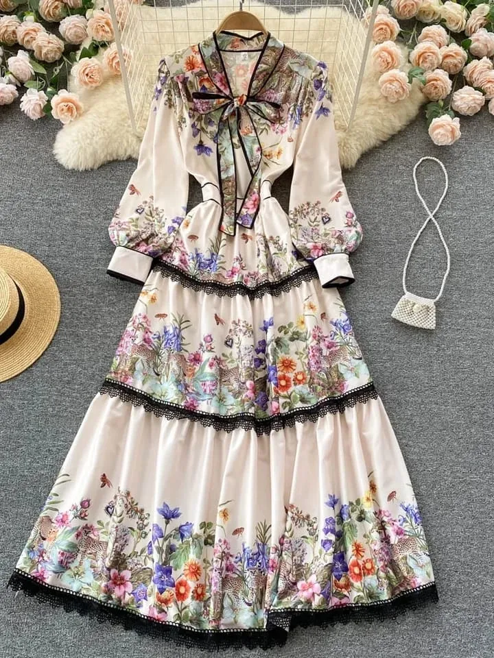 Vintage Elegant Long Dress Women Slim Floral Printed Party Dress S S4918247