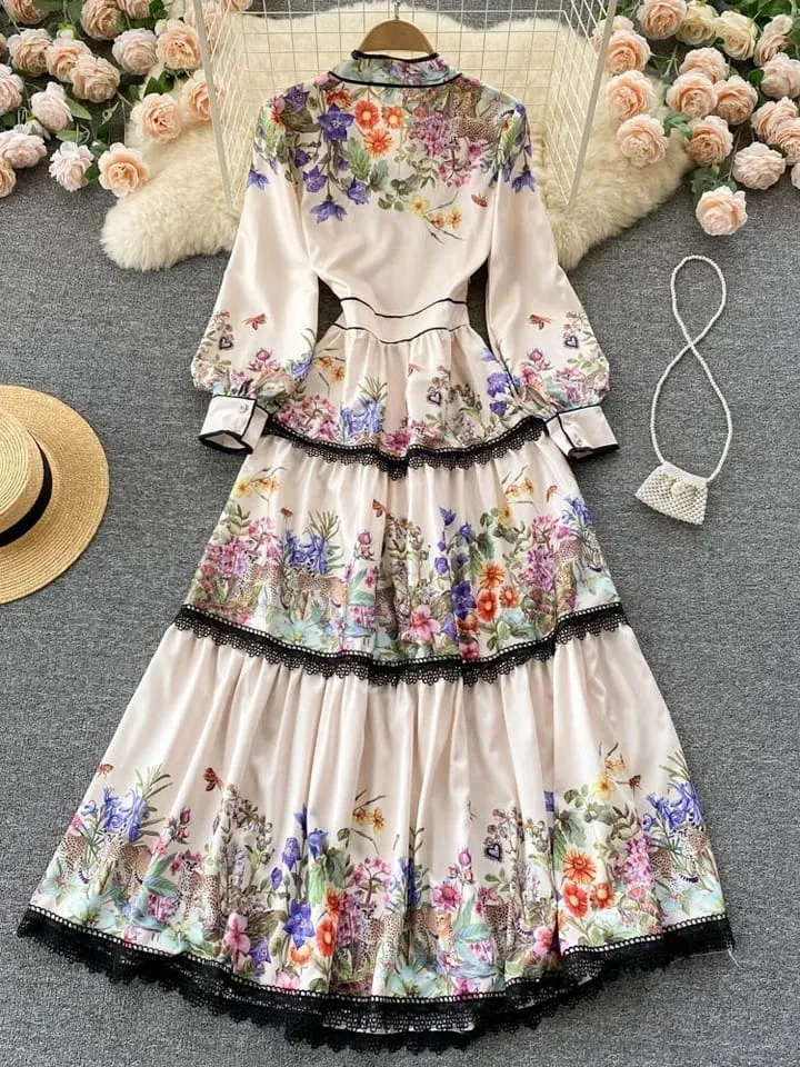 Vintage Elegant Long Dress Women Slim Floral Printed Party Dress S S4918247