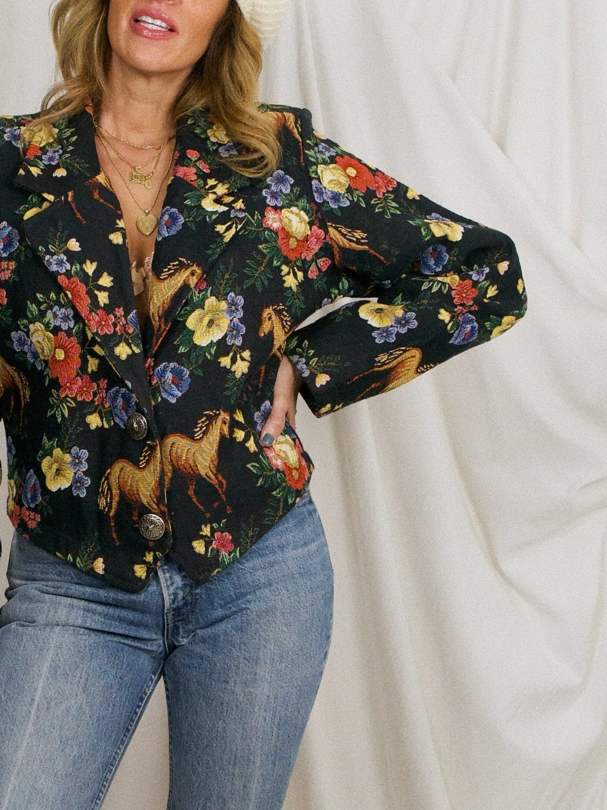 Vintage Floral Horse Motif Tapestry Jacket