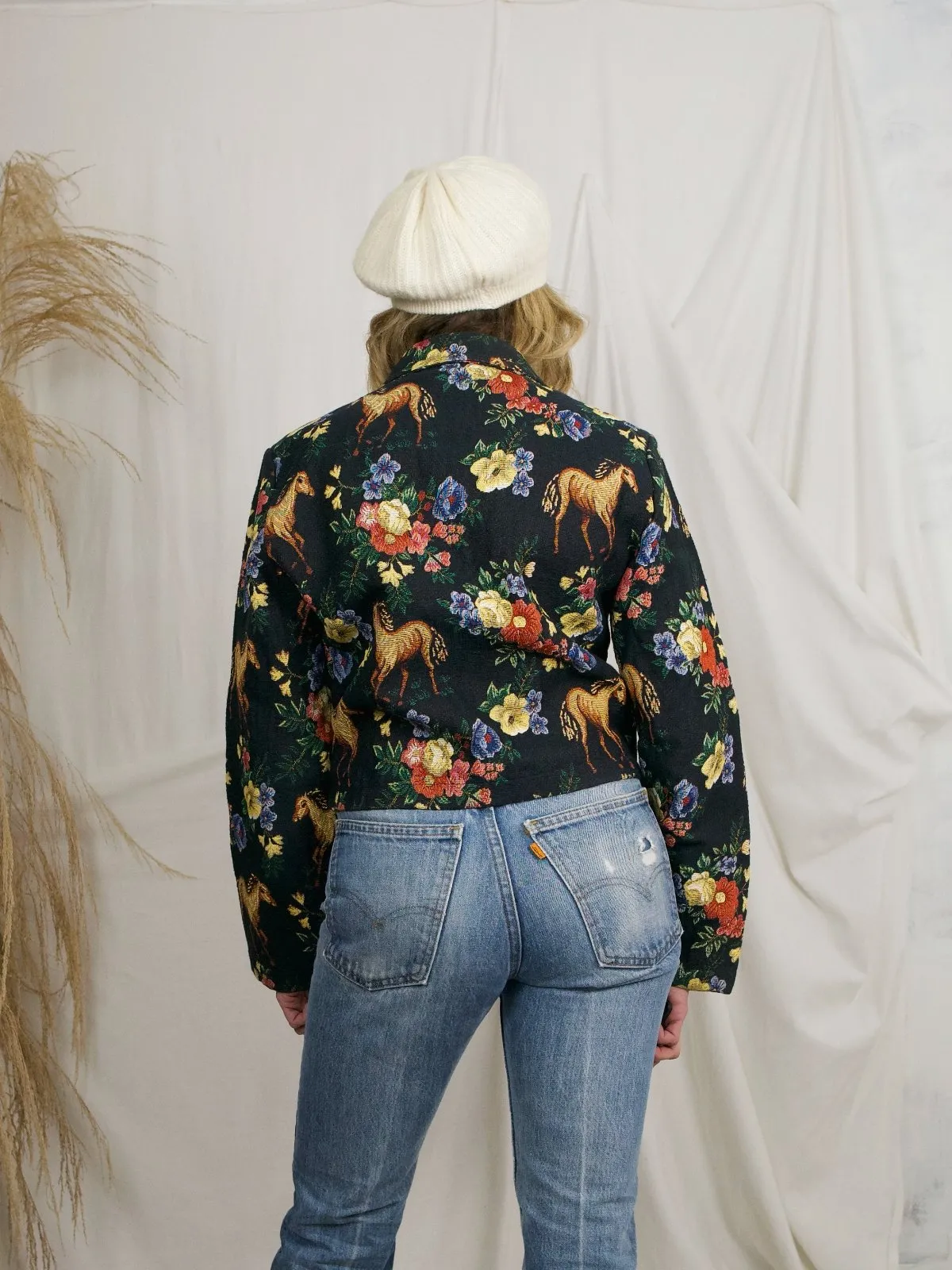 Vintage Floral Horse Motif Tapestry Jacket