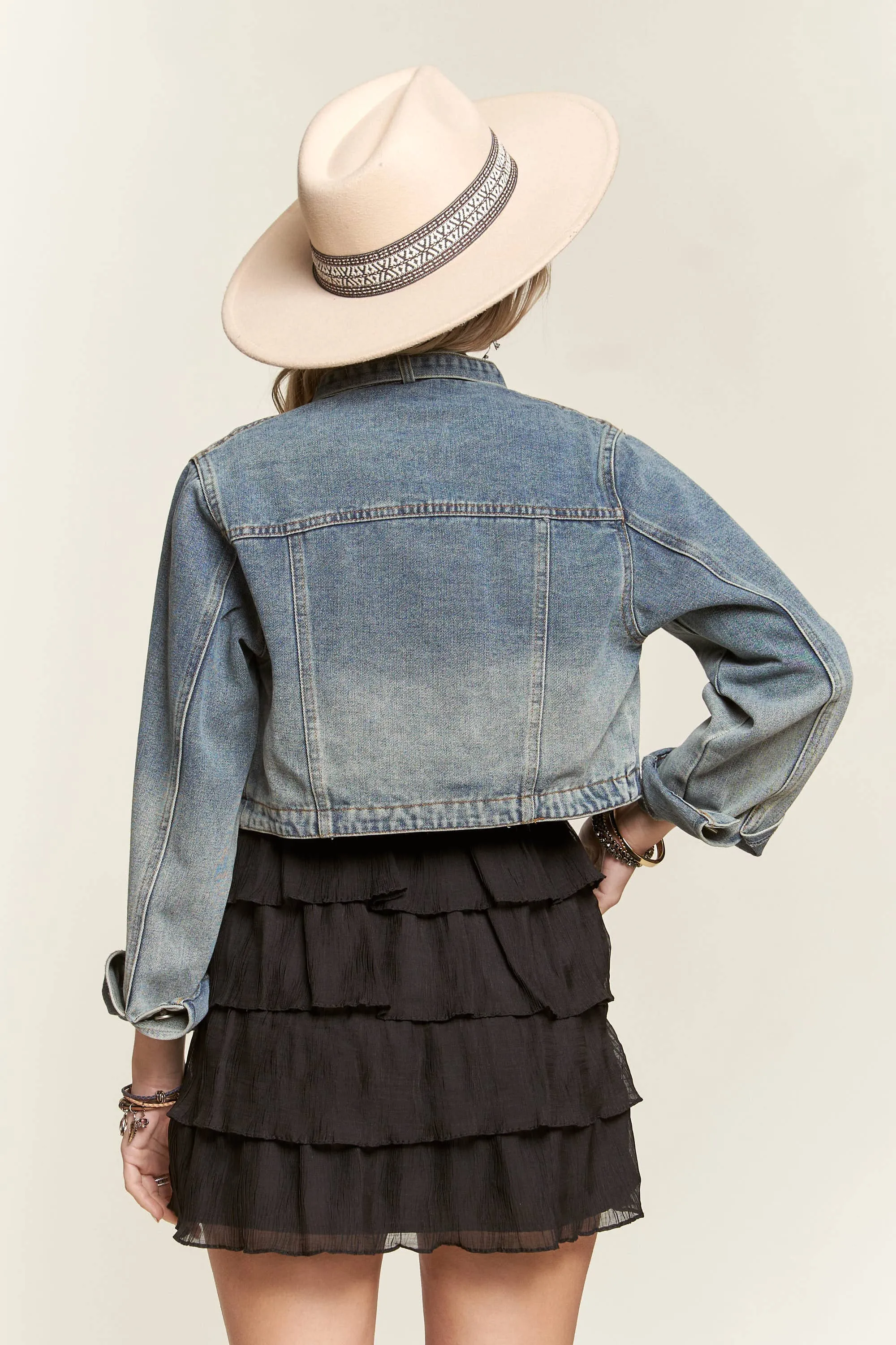 Washed cropped denim moto jacket