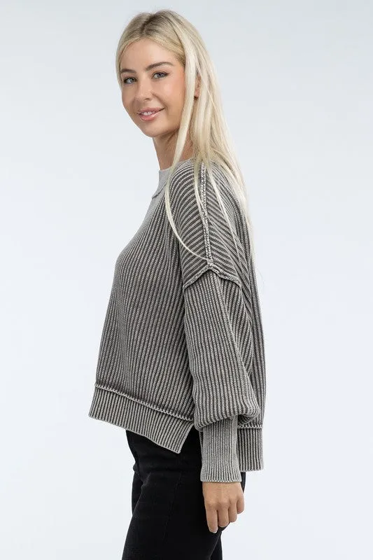 Washed Side Slit Oversized Cropped Sweater - online exclusive