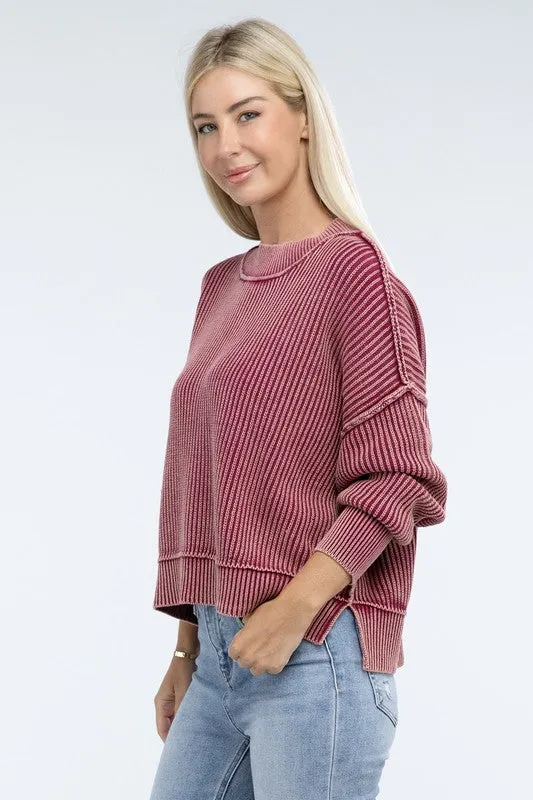 Washed Side Slit Oversized Cropped Sweater - online exclusive