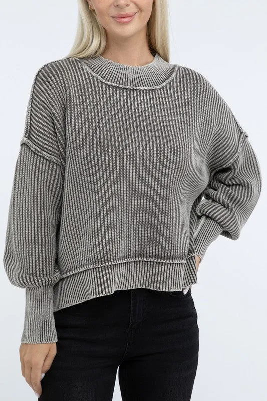 Washed Side Slit Oversized Cropped Sweater - online exclusive