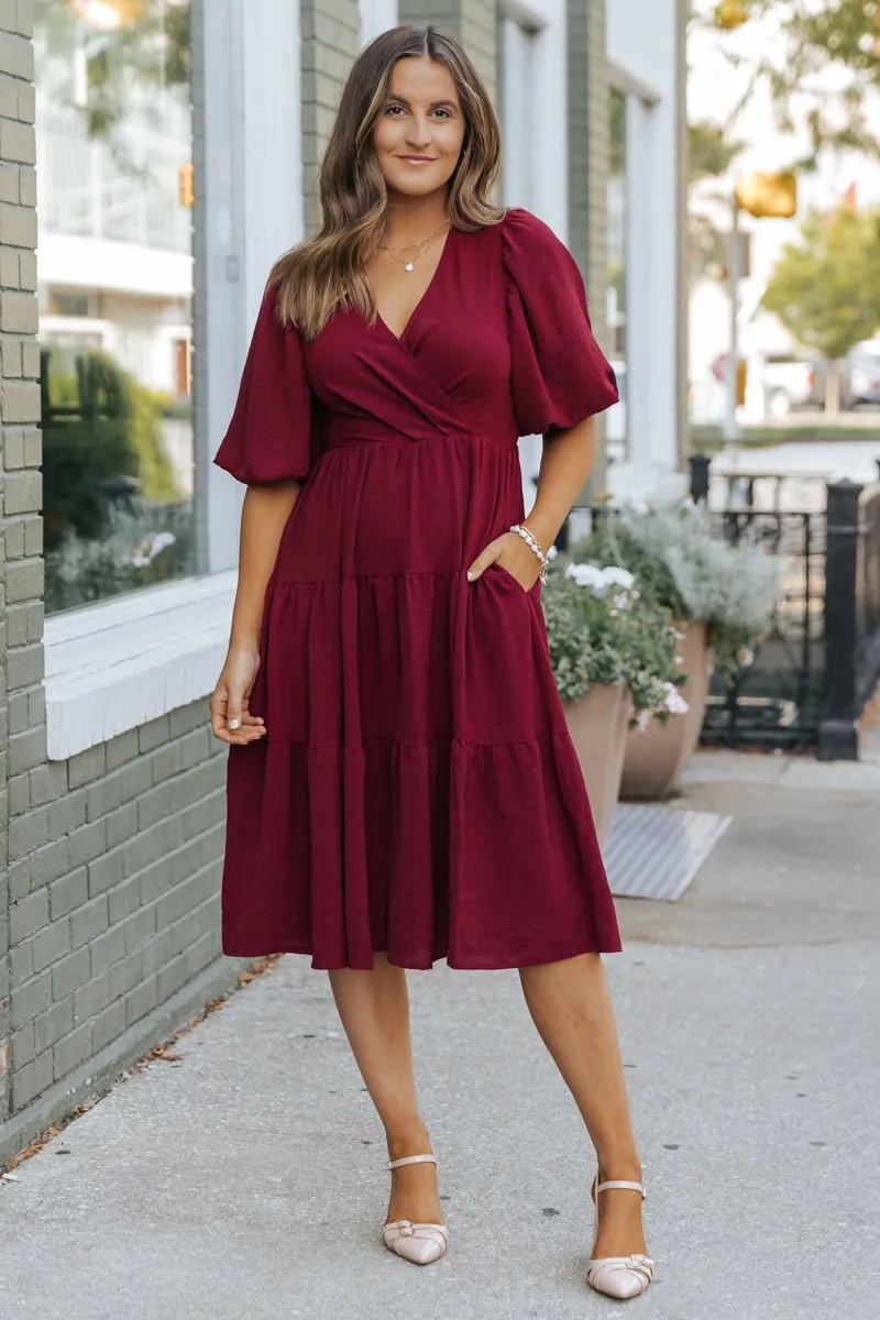 Wine Tiered Midi Wrap Dress - FINAL SALE