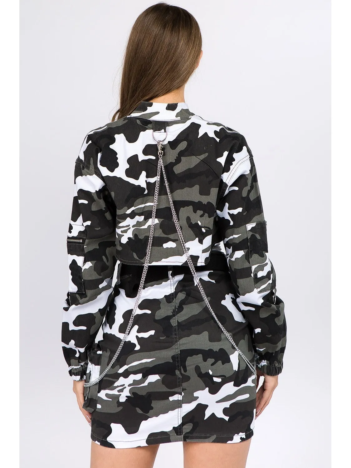 Women American Bazi Camouflage Cropped Jacket with Chains