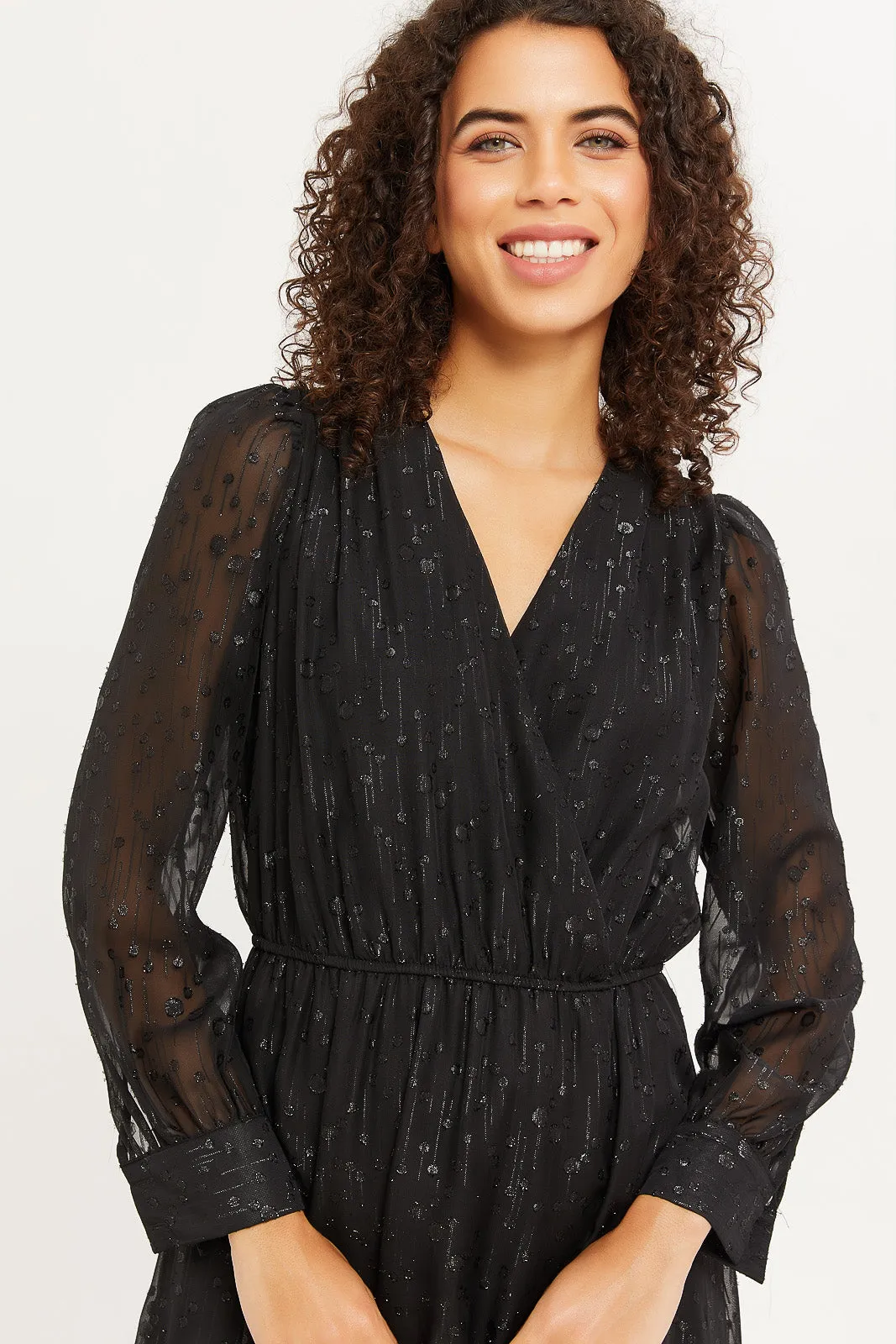 Women Black Metallic Dobby Wrap Dress