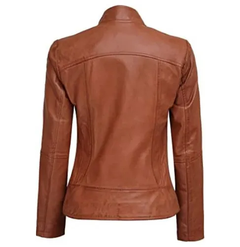 Women Skinny Style Dark Brown Distressed Leather Jacket