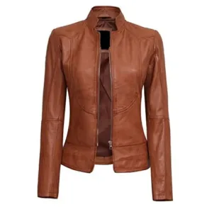 Women Skinny Style Dark Brown Distressed Leather Jacket