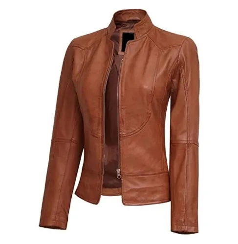 Women Skinny Style Dark Brown Distressed Leather Jacket