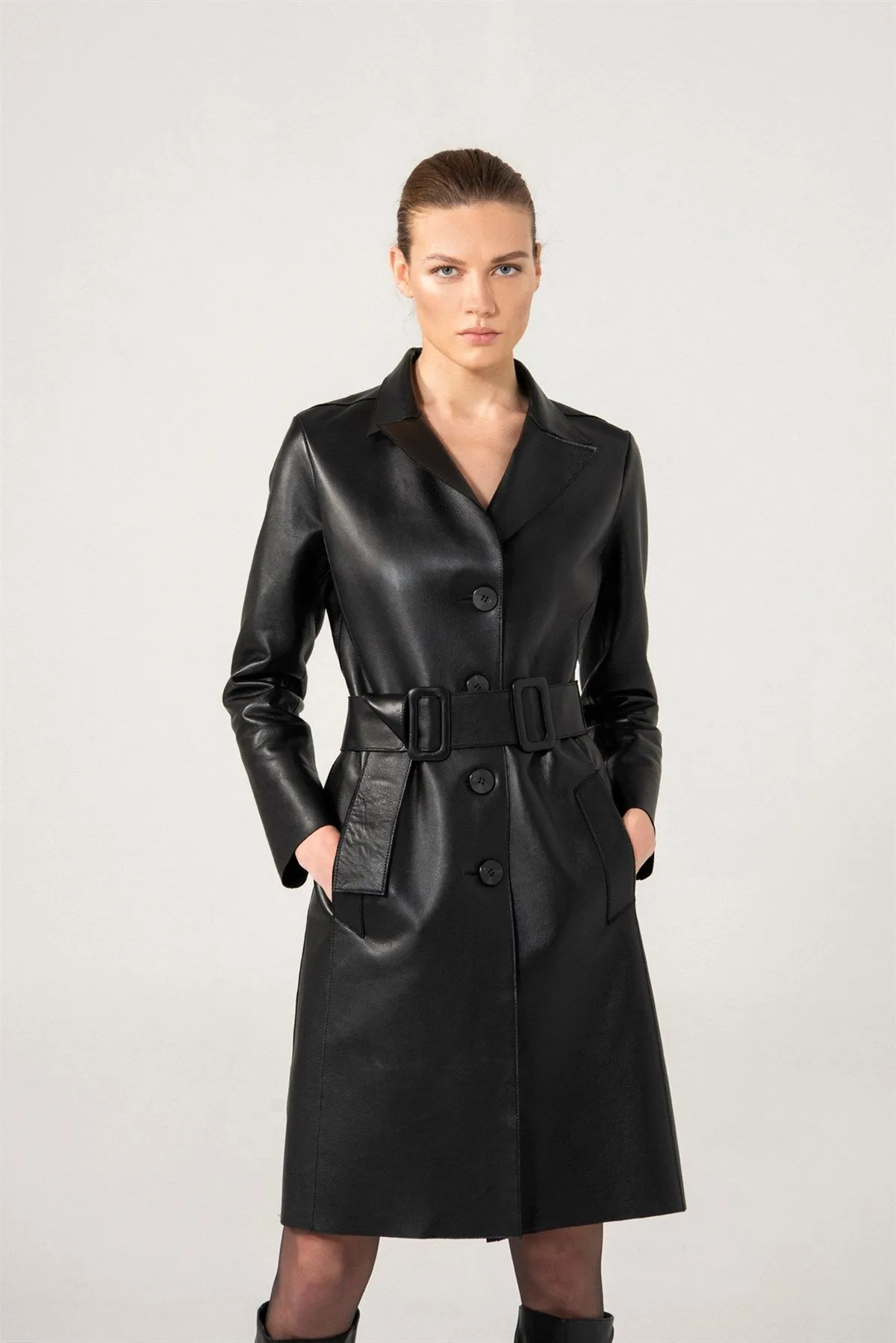 Women’s Black Sheepskin Leather Trench Coat Button Downed