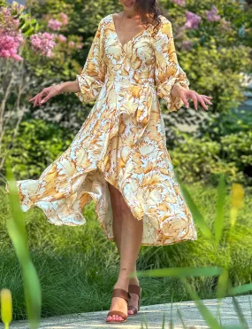 Wrap Dress with Long Sleeves, Leaves Pattern