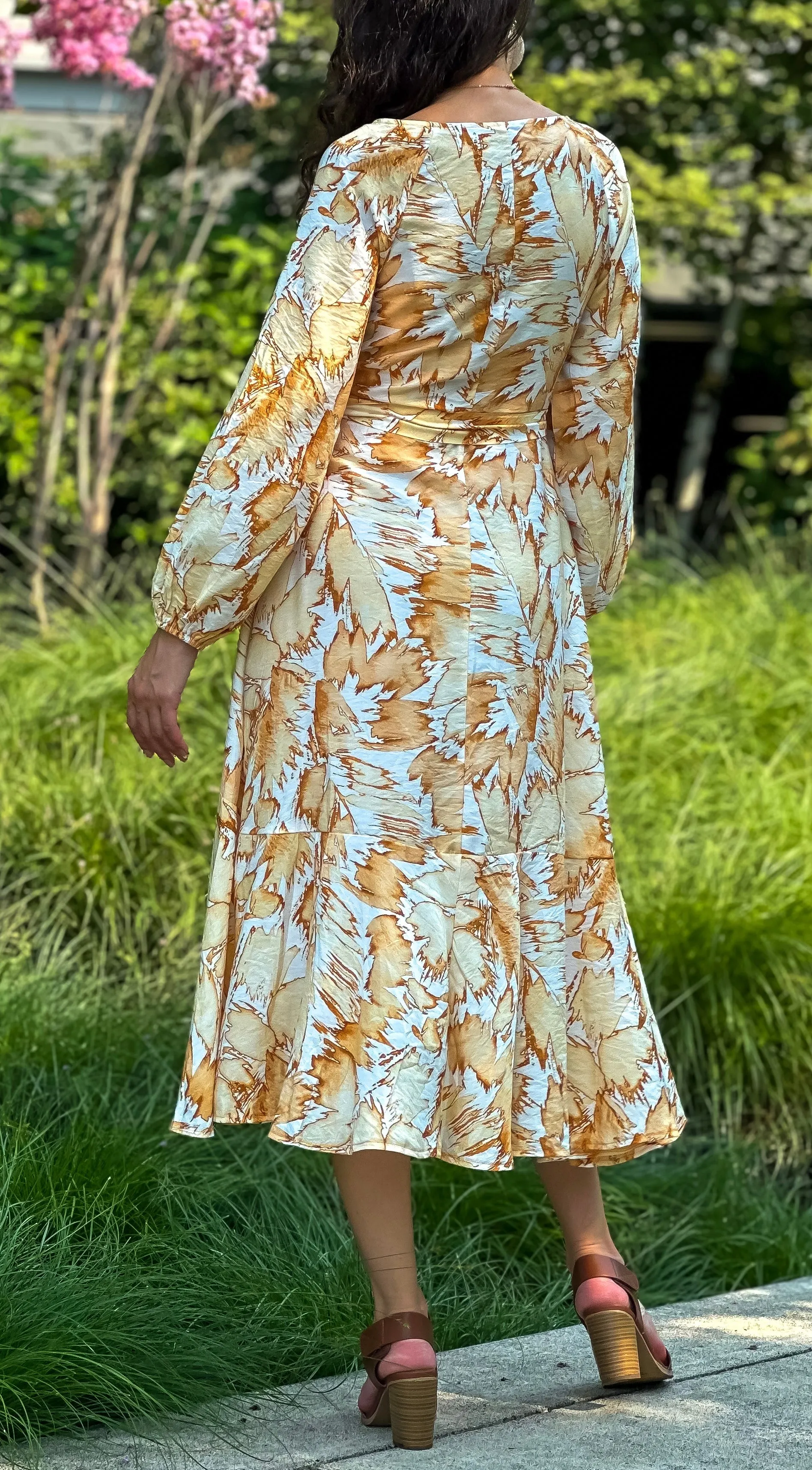 Wrap Dress with Long Sleeves, Leaves Pattern