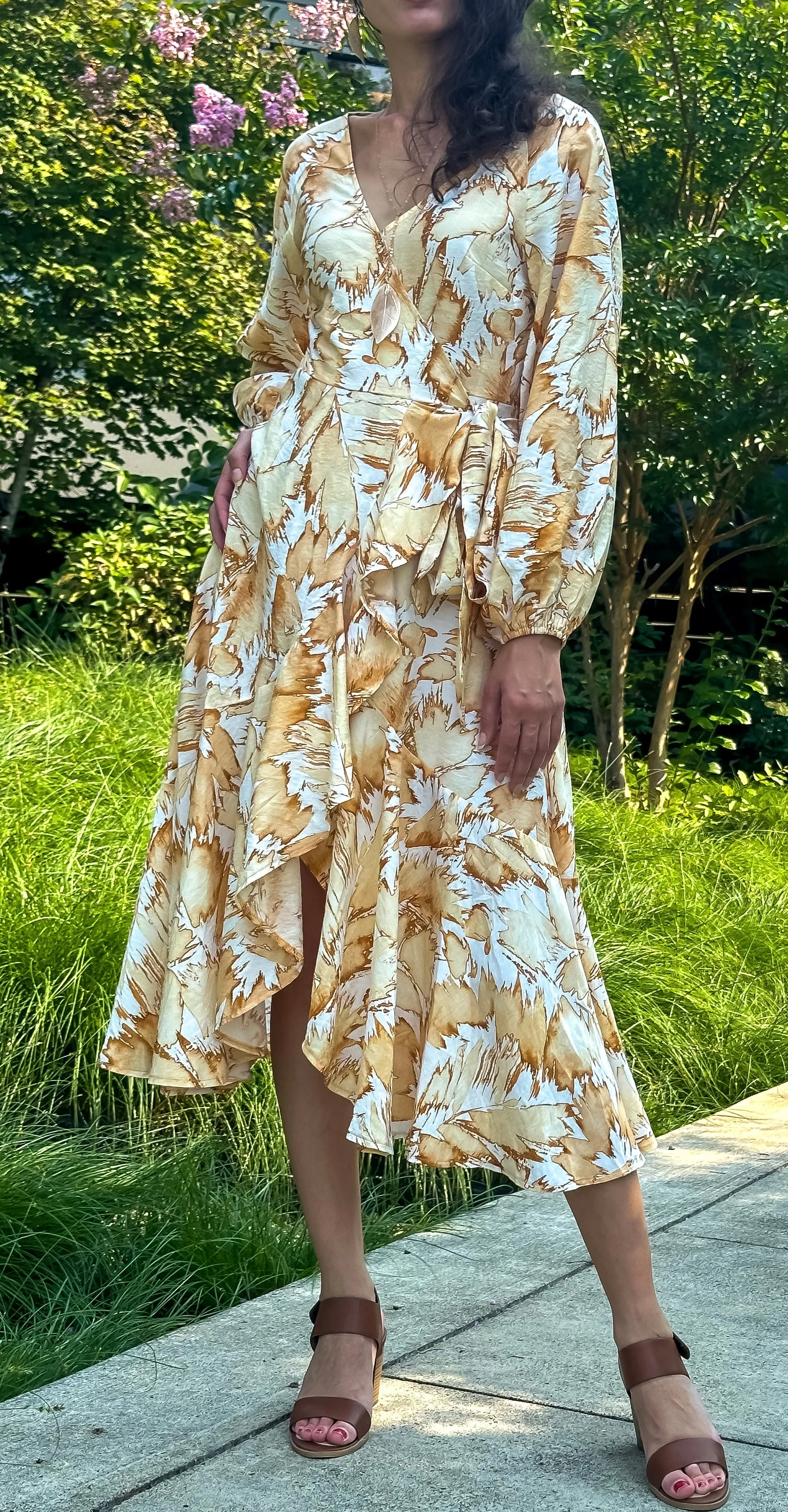 Wrap Dress with Long Sleeves, Leaves Pattern