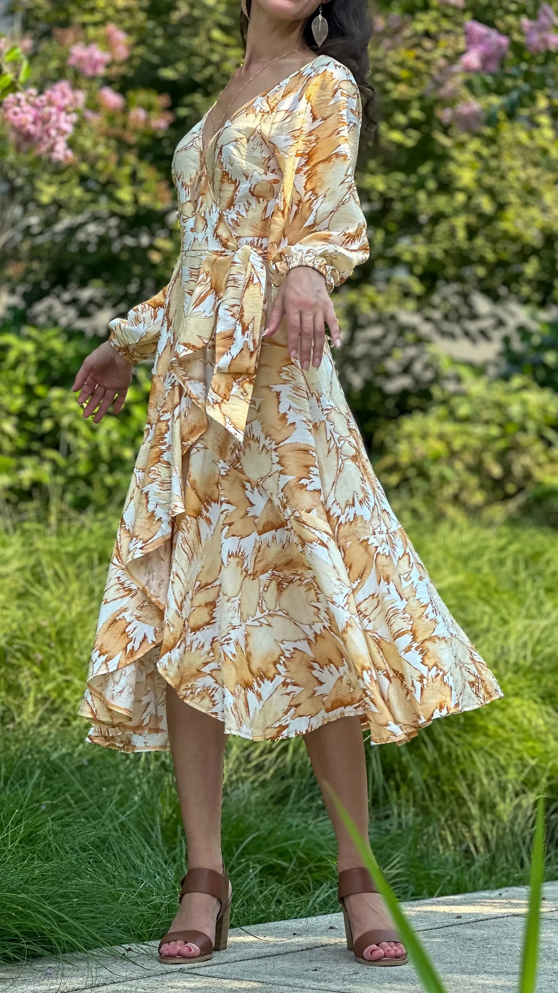 Wrap Dress with Long Sleeves, Leaves Pattern